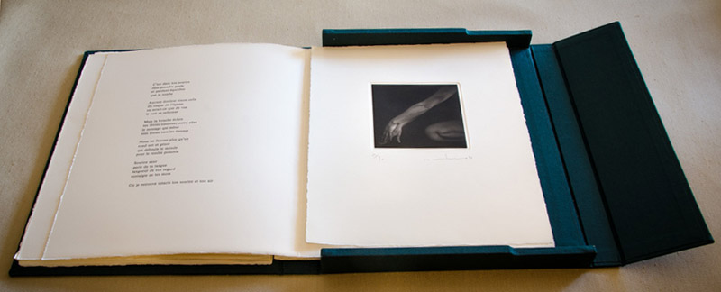 This portfolio of five original mezzotints by Mikio Watanabe is presented in a linen covered box. Poetry by Hughes Andre, letterpress text is in French. Edition of 90 plus 15 artist proofs and 3 h.c.1998