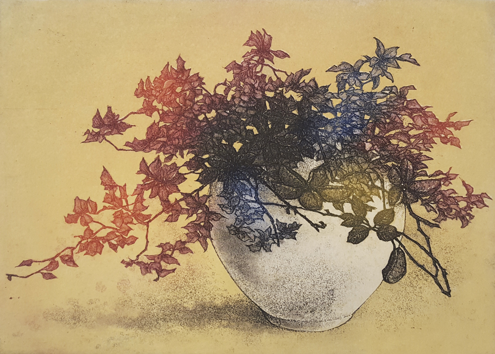 Flower Vase VI, hand colored etching by Joseph Wong