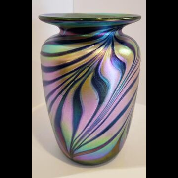 Art Glass Vase cobalt aqua and gold swirl pattern by Rick Hunter